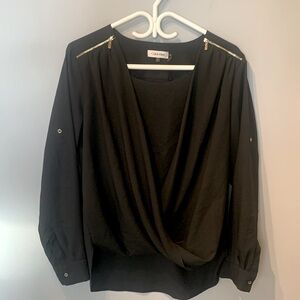Calvin Klein Black Flowy Blouse w Gold Zippers